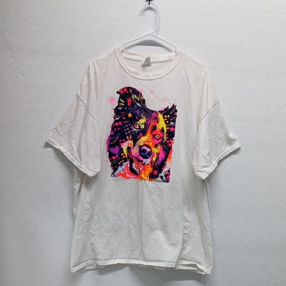 Port & Company Neon Colorful Dog Graphic White T-Shirt - Picture 1 of 6